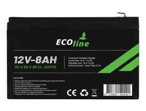 EcoLine - AGM 12V 8AH - 8000mAh VRLA Battery - 151 x 65 x 95 - Deep Cycle Battery