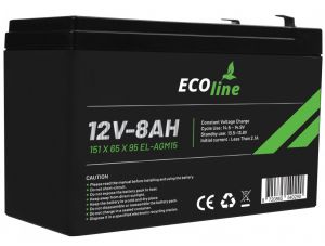 EcoLine - AGM 12V 8AH - 8000mAh VRLA Battery - 151 x 65 x 95 - Deep Cycle Battery