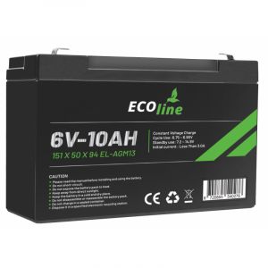 EcoLine - AGM 6V 10AH - 10000mAh VRLA Battery - 151 x 50 x 94 - Deep Cycle Battery